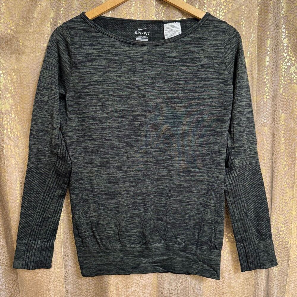 Nike Dri-Fit Dark Green Long Sleeve Marled Workout Running Top Medium